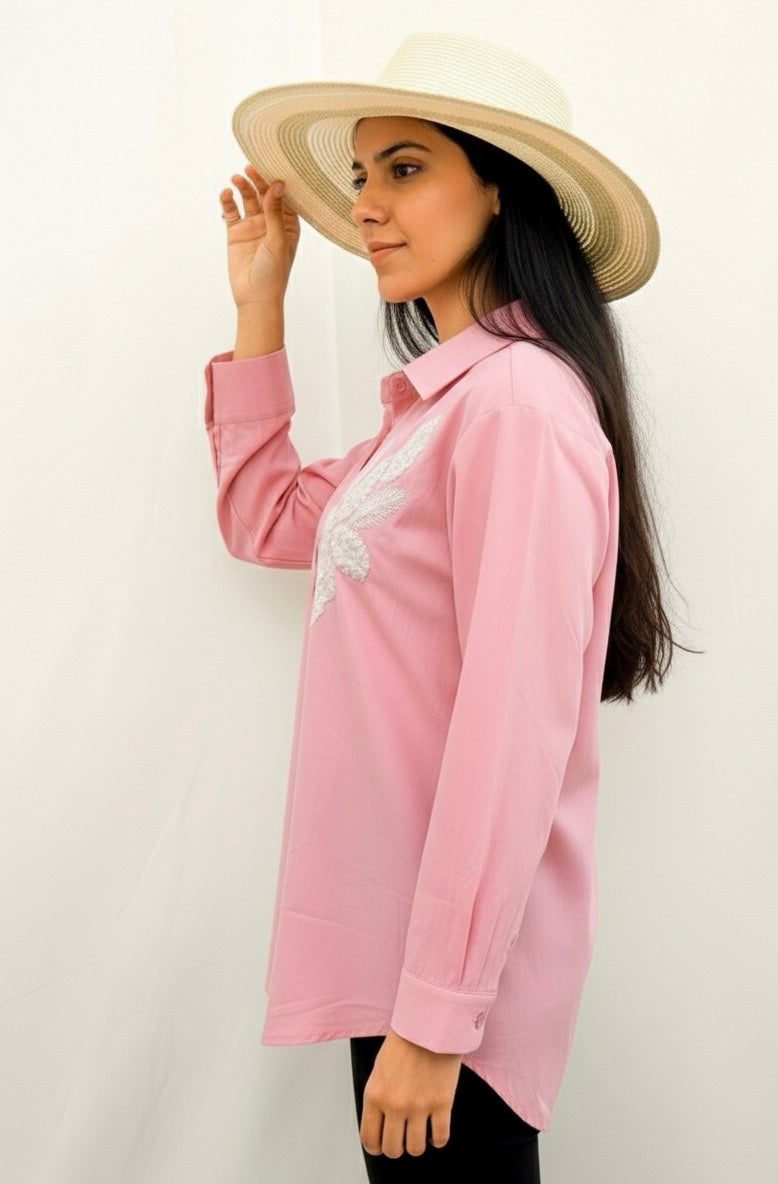 LIGHT PINK COTTON SHIRT WITH SEQUINS EMBROIDERY BESU INDIA