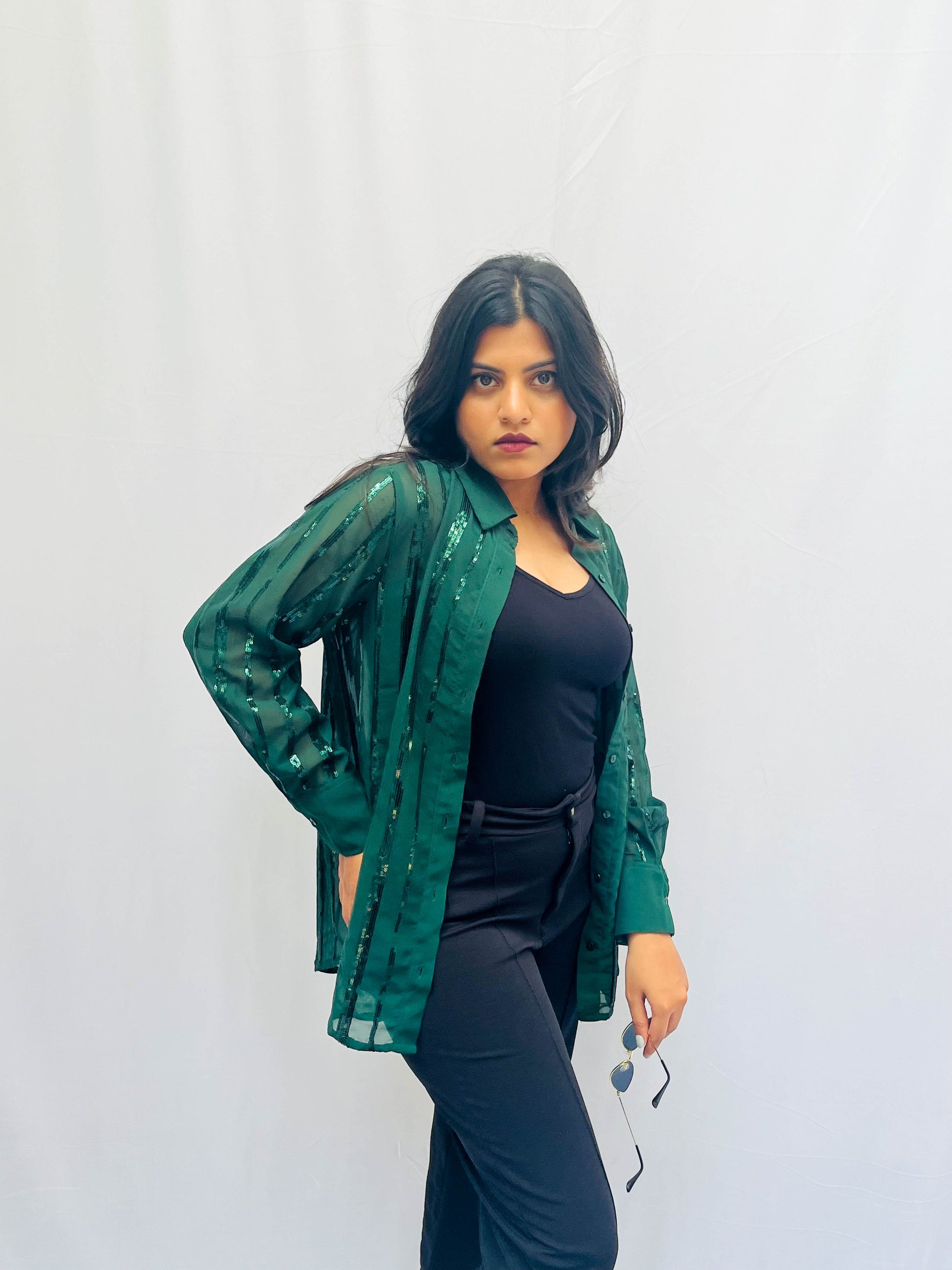 BOTTLE GREEN SEQUINS SEMI-TRANSPARENT SHIRT BESU INDIA