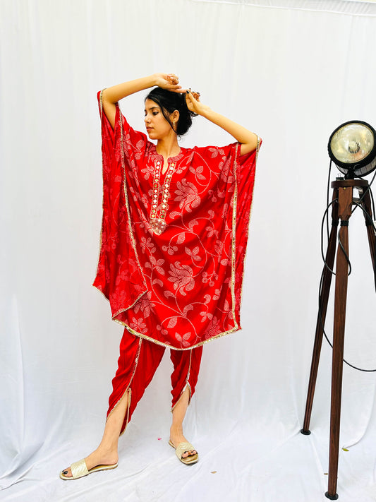 RED FLORAL PRINTED KAFTAN WITH TULIP PANTS BESU INDIA
