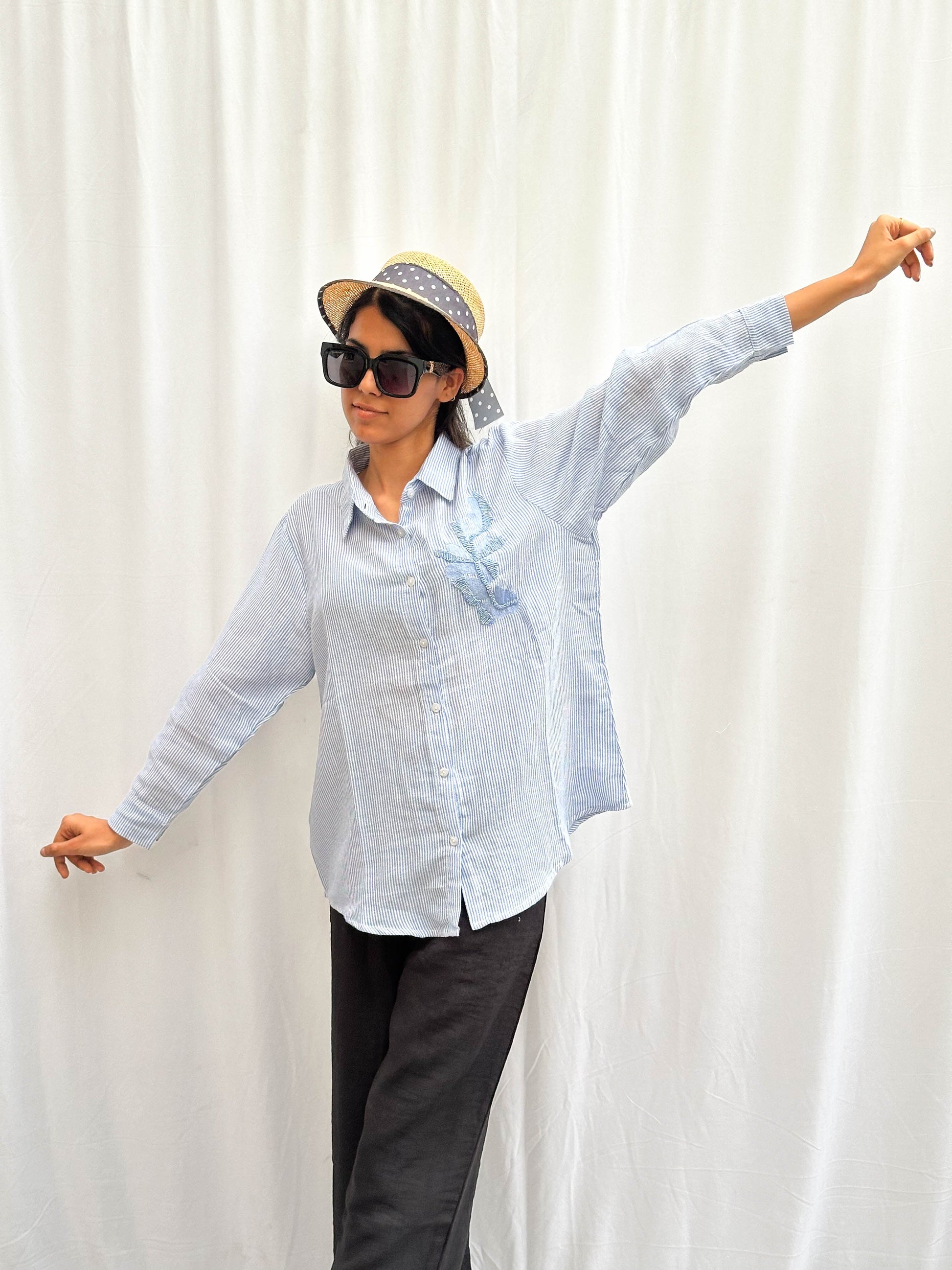 LIGHT BLUE COTTON SHIRT WITH EMBROIDERED PATCHWORK BESU INDIA