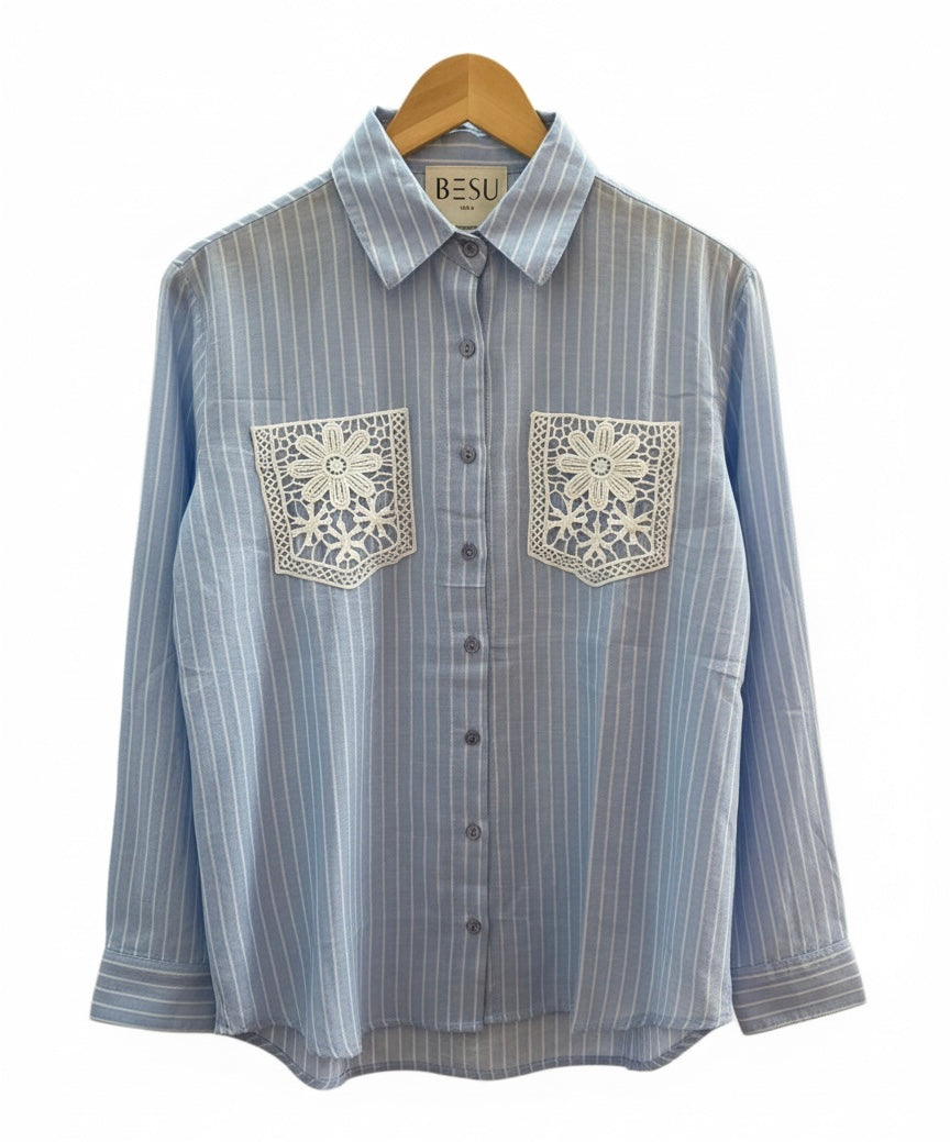LIGHT BLUE AND WHITE STRIPED LACE POCKET SHIRT BESU INDIA