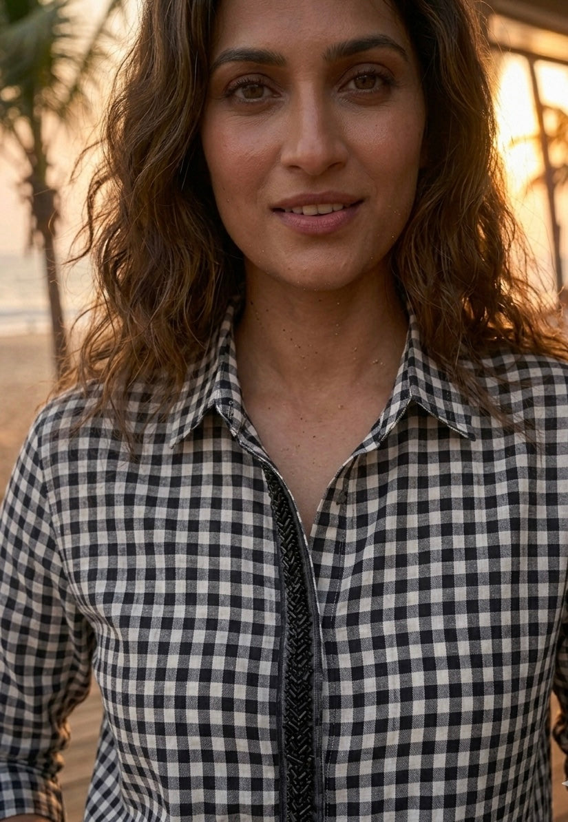 BLACK CHECKS SHIRT WITH EMBROIDERED PLACKET BESU INDIA