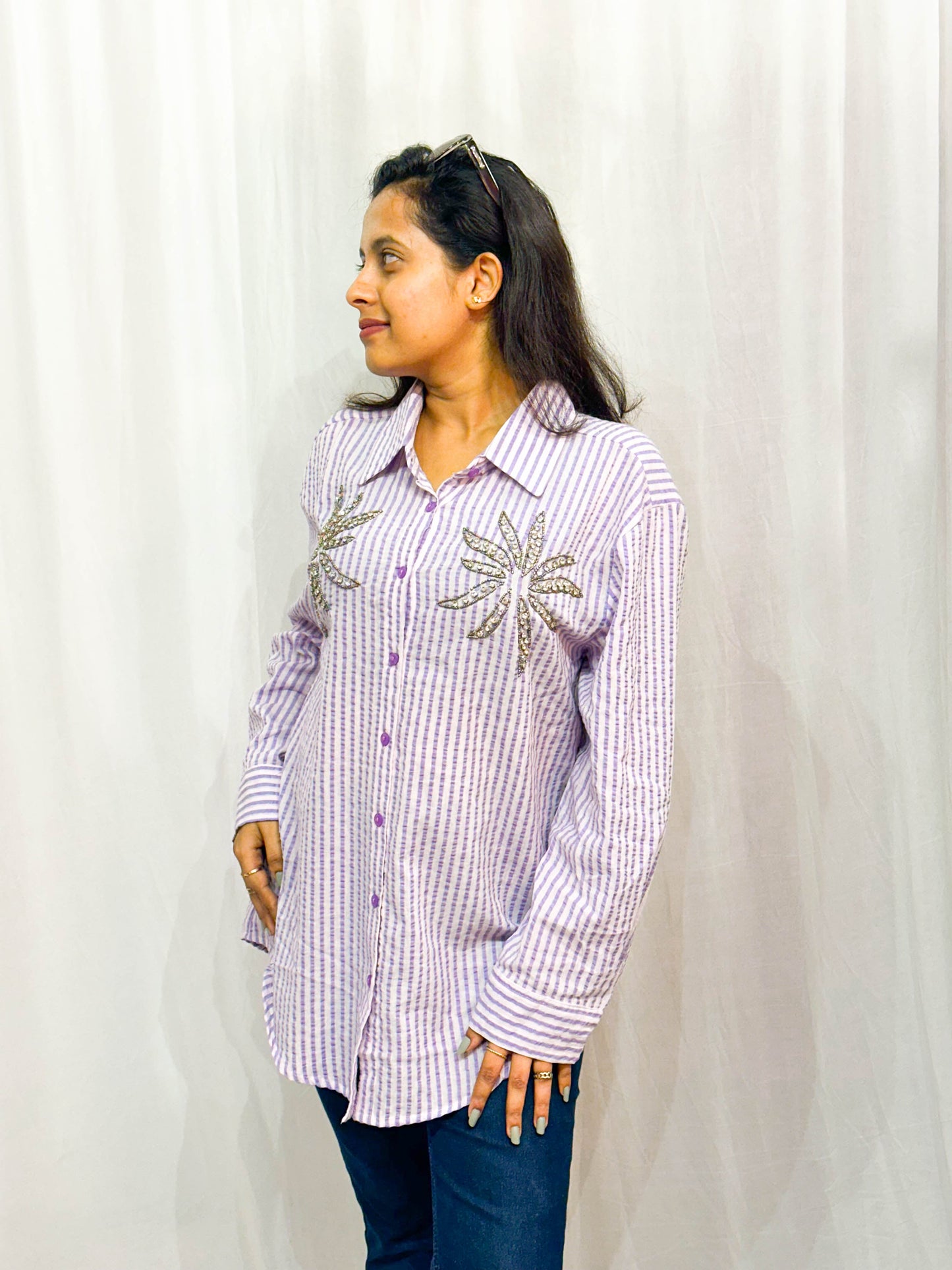 PURPLE STRIPED EMBELLISHED COTTON SHIRT BESU INDIA