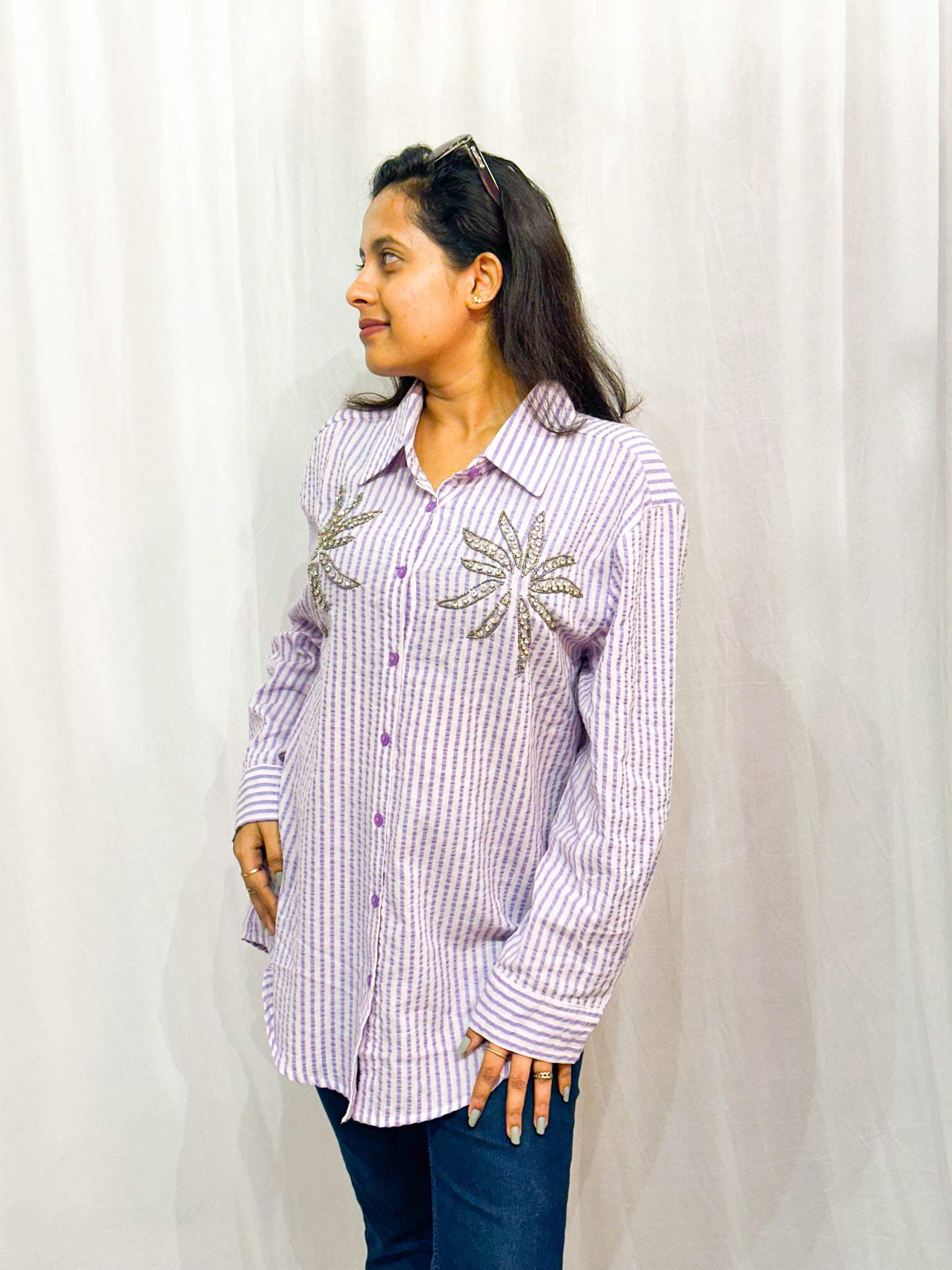 PURPLE STRIPED EMBELLISHED COTTON SHIRT BESU INDIA