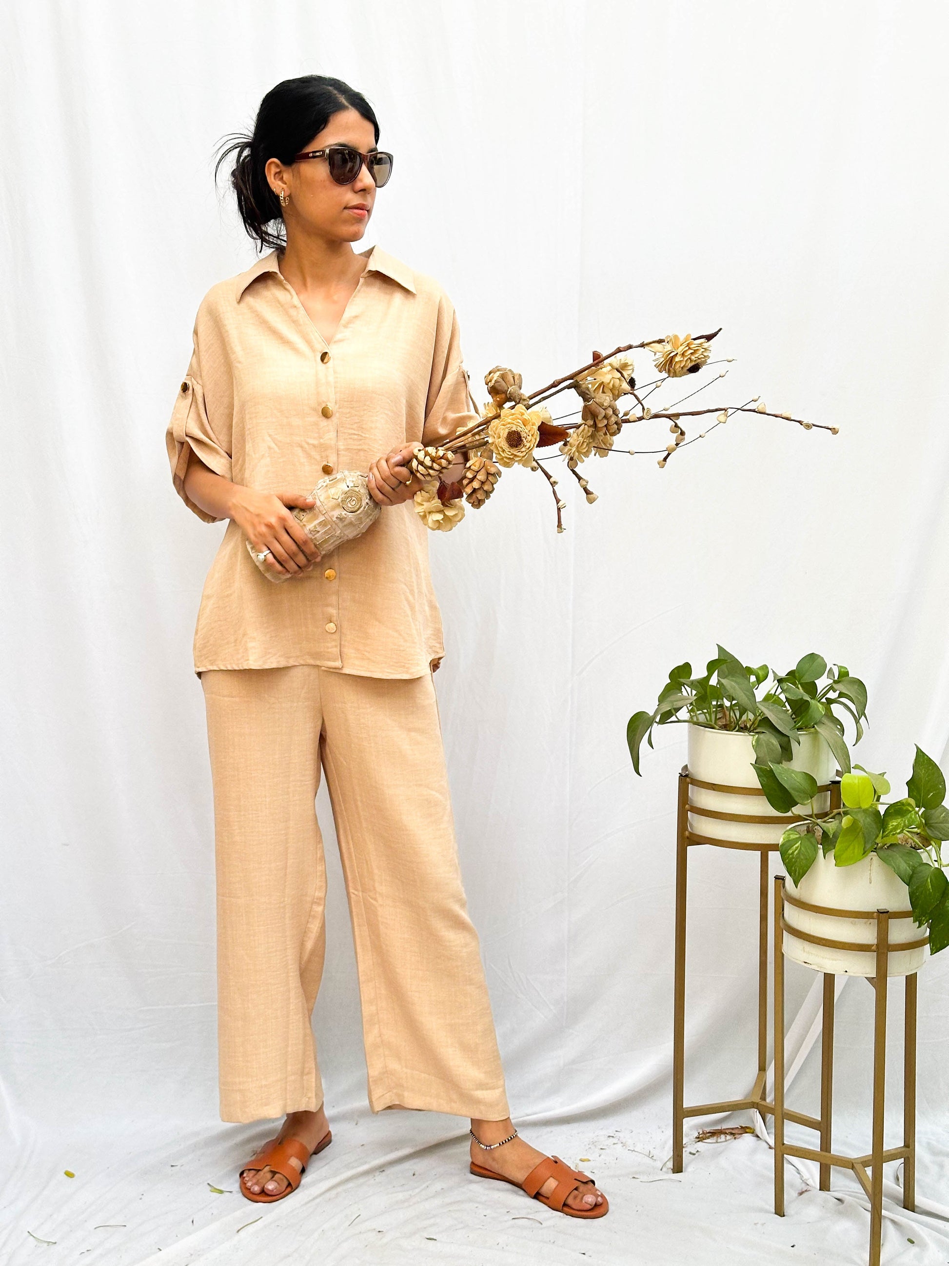 BEIGE SOFT COTTON CO-ORDS WITH SIGNATURE GOLD BUTTONS BESU INDIA