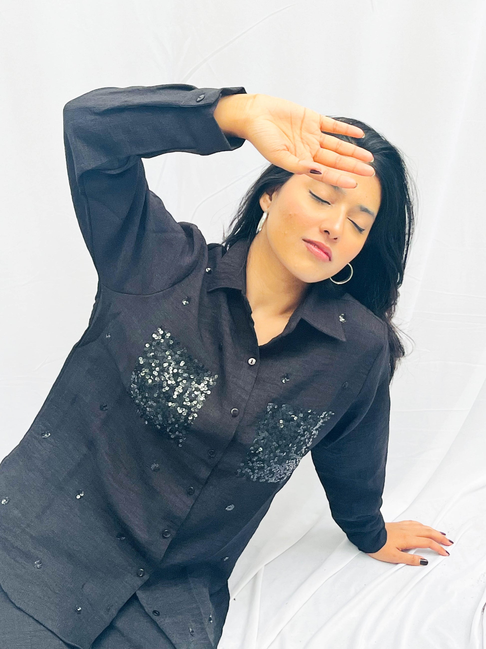 BLACK LINEN CO-ORDS WITH SEQUINS POCKETS BESU INDIA