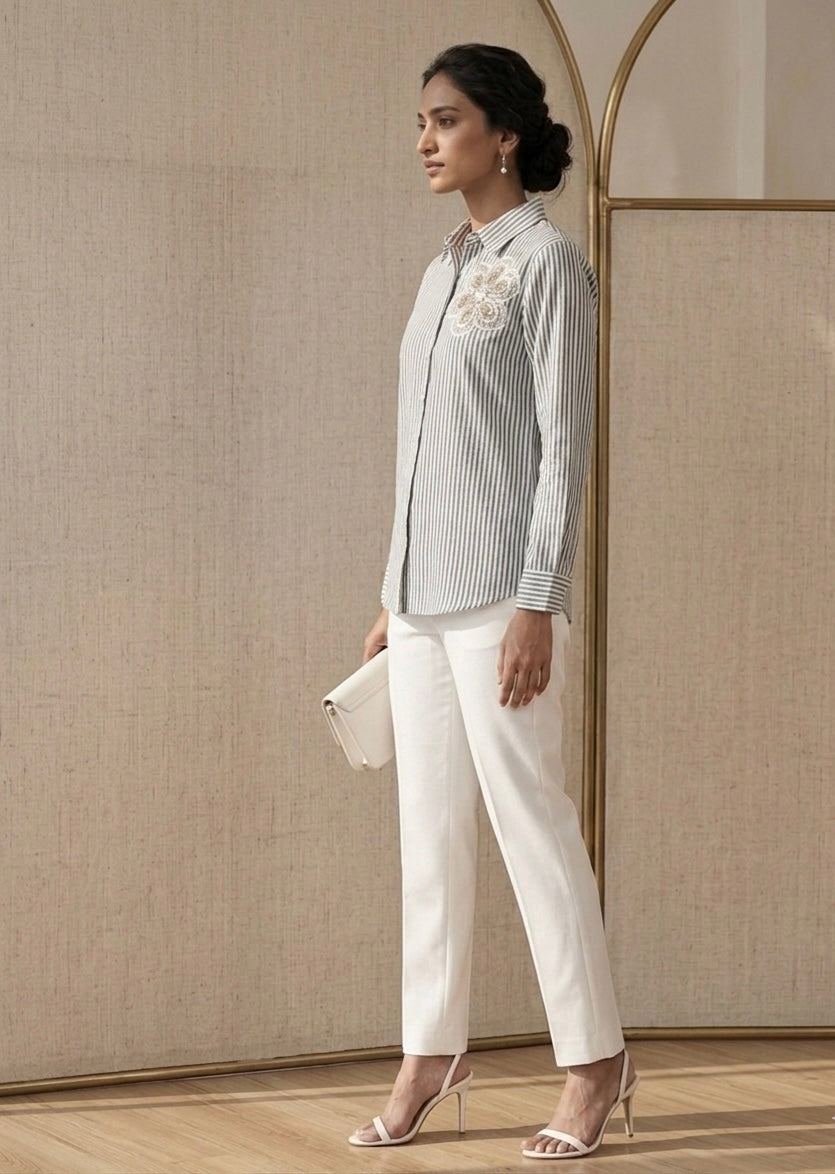 GREY AND WHITE STRIPED SHIRT WITH FLORAL DETAIL BESU INDIA