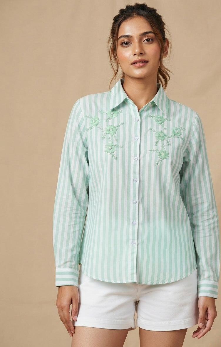 MINT GREEN STRIPED SHIRT WITH FLORAL EMBROIDERY BESU INDIA