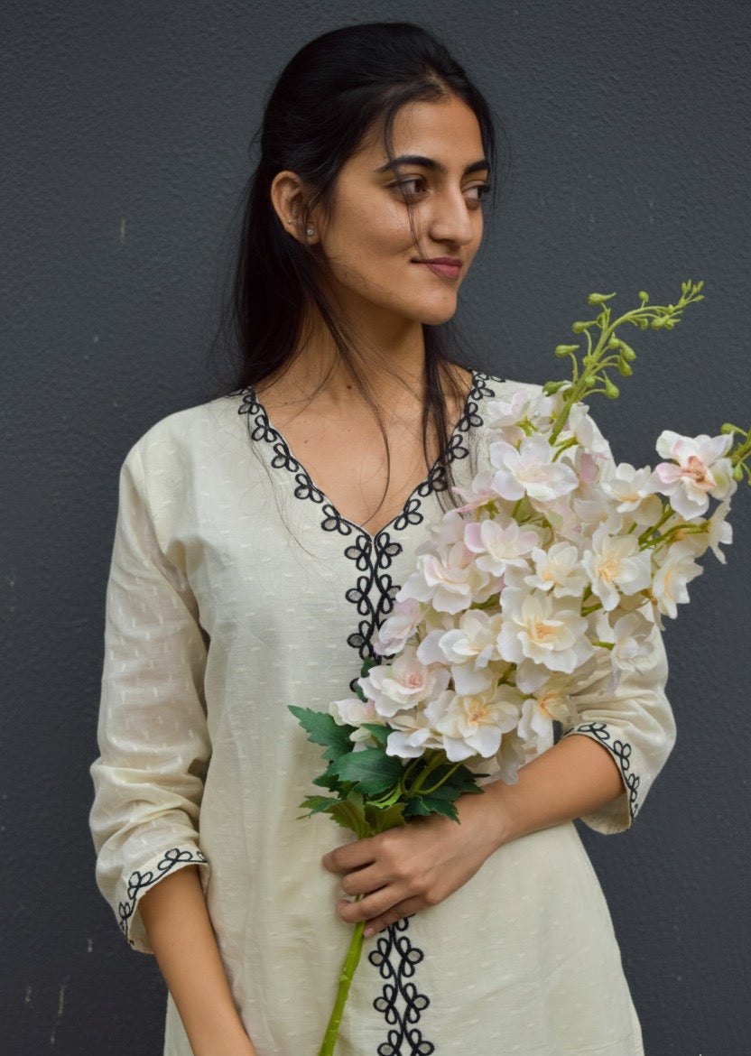 OFF WHITE COTTON KURTA SET WITH BLACK THREAD WORK AND CUT WORK BESU INDIA