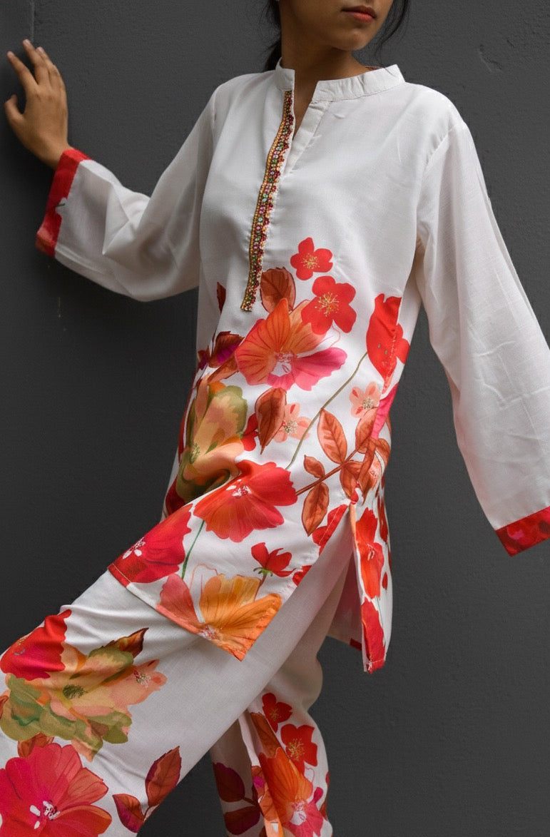 FLORAL PRINT CHINESE COLLAR COTTON KURTA SET BESU INDIA