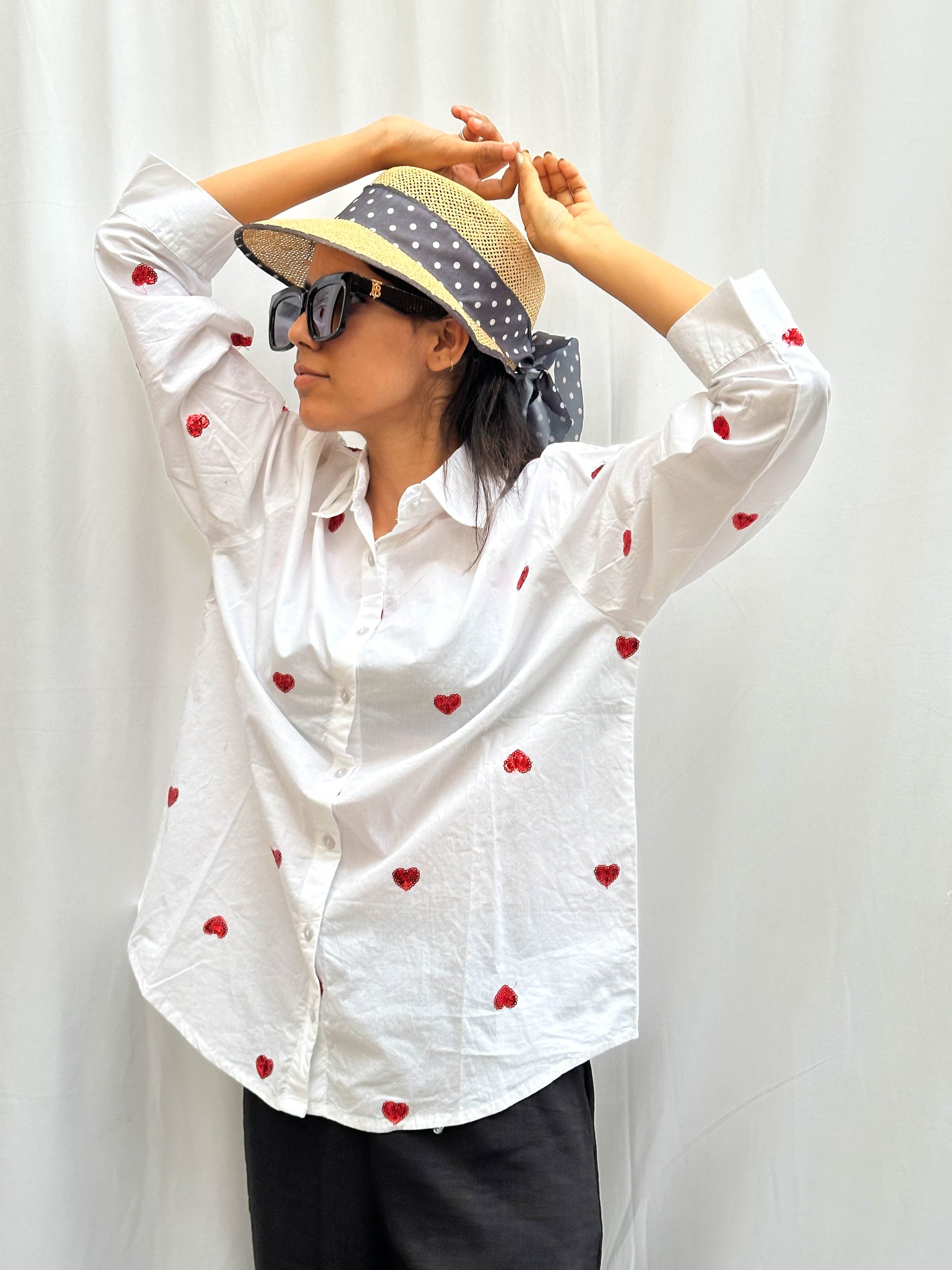 COTTON WHITE SHIRT WITH HEART SEQUINS EMBROIDERY BESU INDIA