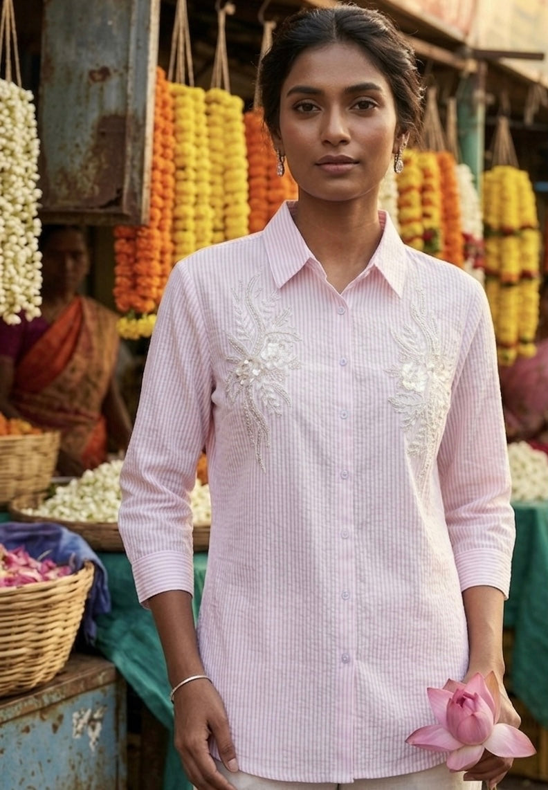 PINK AND WHITE STRIPED SHIRT WITH FLORAL EMBROIDERY BESU INDIA