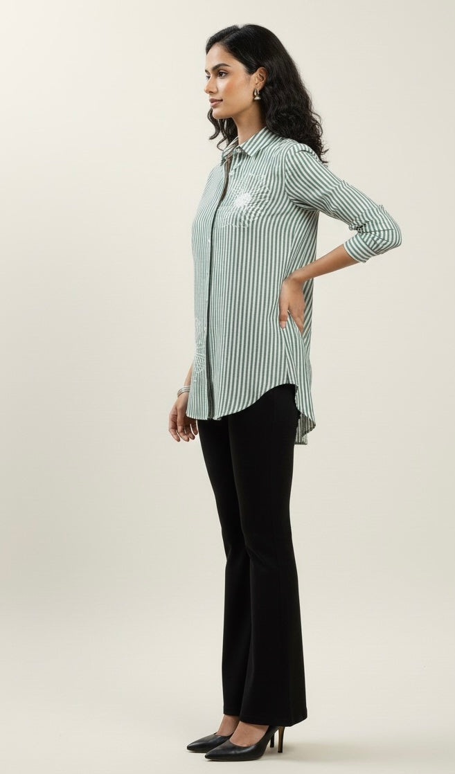 GREEN AND WHITE STRIPED SHIRT WITH PEARL BEADS EMBROIDERY BESU INDIA