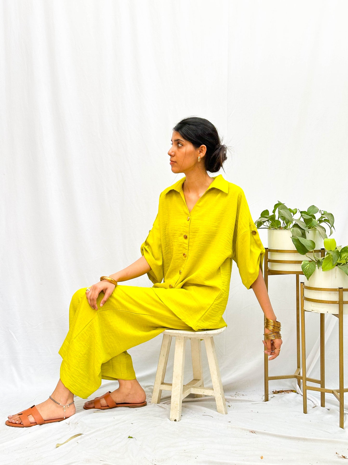BRIGHT POP NEON GREEN SOFT COTTON CO-ORDS WITH GOLD BUTTONS BESU INDIA