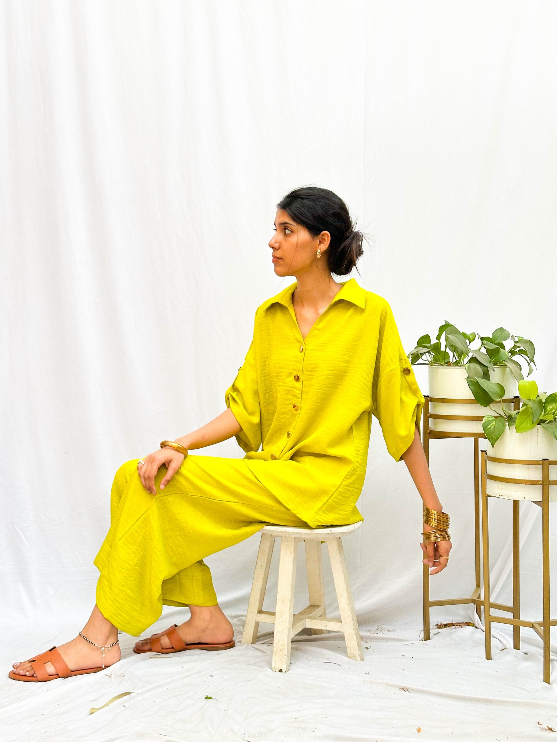 BRIGHT POP NEON GREEN SOFT COTTON CO-ORDS WITH GOLD BUTTONS BESU INDIA