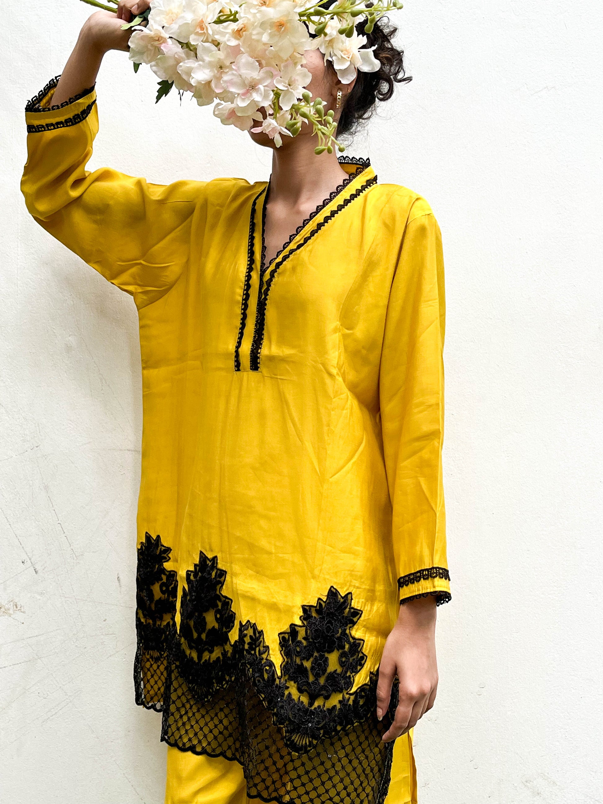 MUSTARD LACE APPLIQUÉ PATCH WORK KURTA SET BESU INDIA