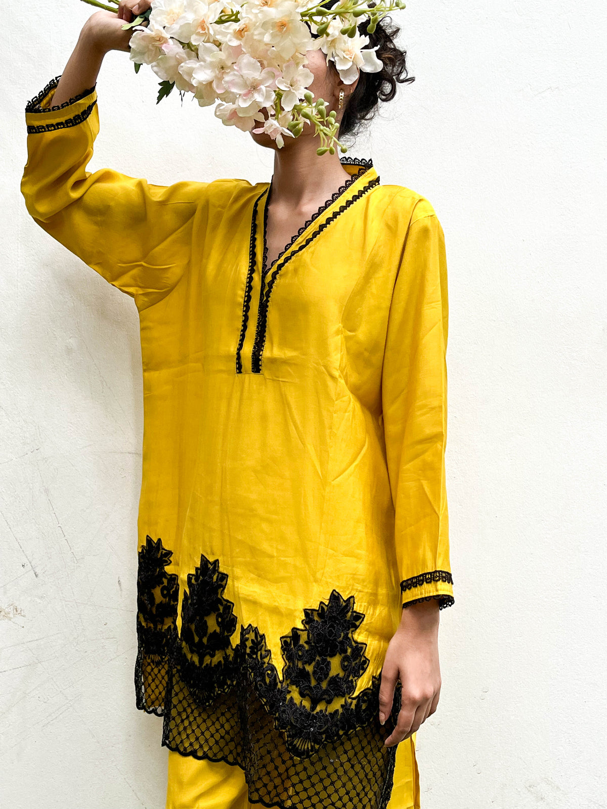 MUSTARD LACE APPLIQUÉ PATCH WORK KURTA SET BESU INDIA