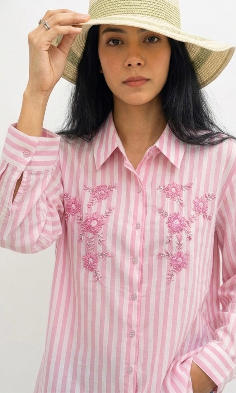 PINK STRIPED SHIRT WITH FLORAL EMBROIDERY BESU INDIA