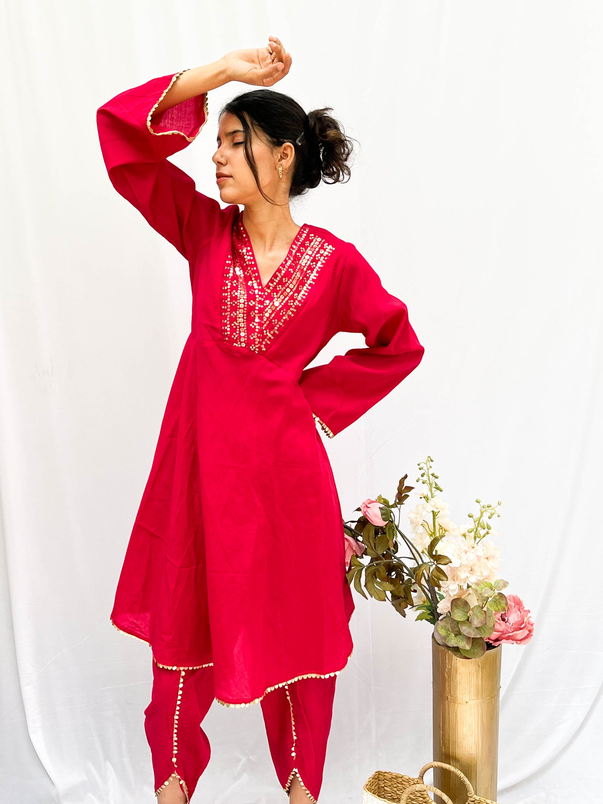 PINK SEQUINS HIGHLIGHTED KURTA SET WITH TULIP PANTS BESU INDIA