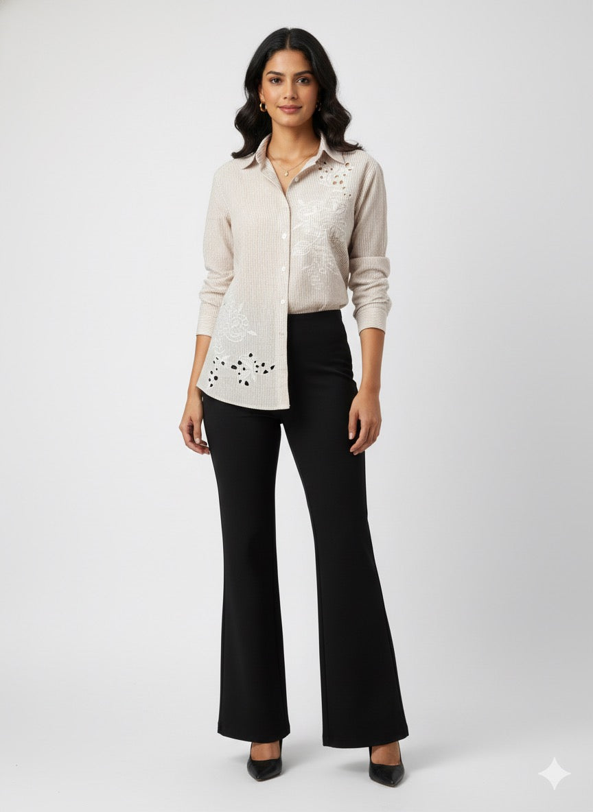 BEIGE STRIPED SHIRT WITH WHITE THREAD EMBROIDERY BESU INDIA