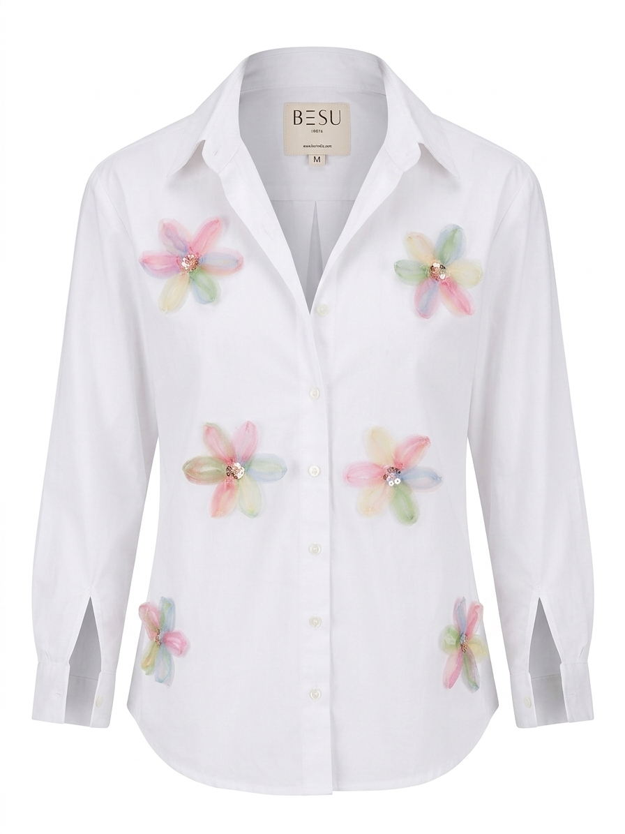 WHITE SHIRT WITH COLOURFUL FLOWERS PATCHWORK BESU INDIA