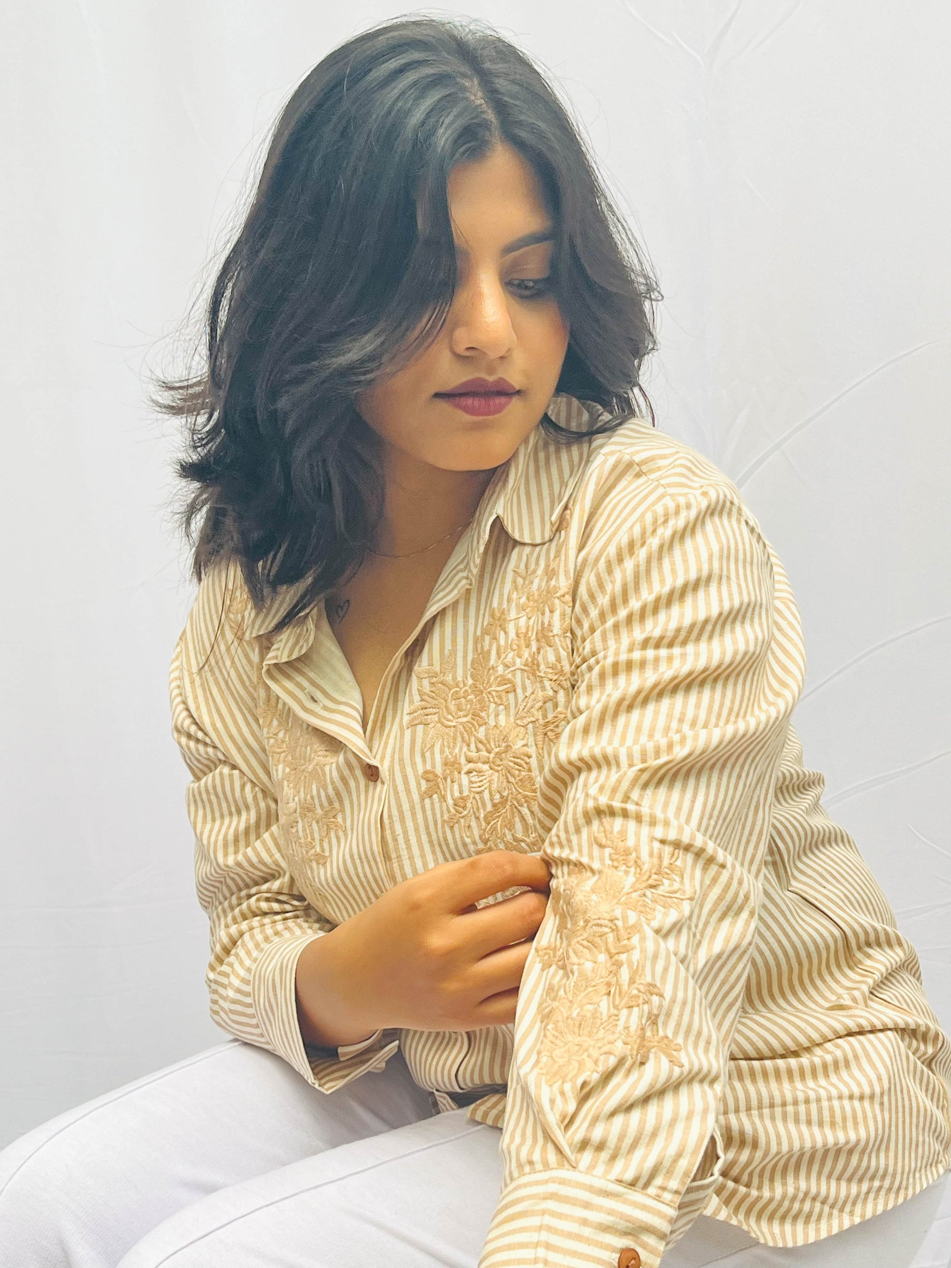 STRIPED COTTON SHIRT WITH THREAD EMBROIDERY BESU INDIA