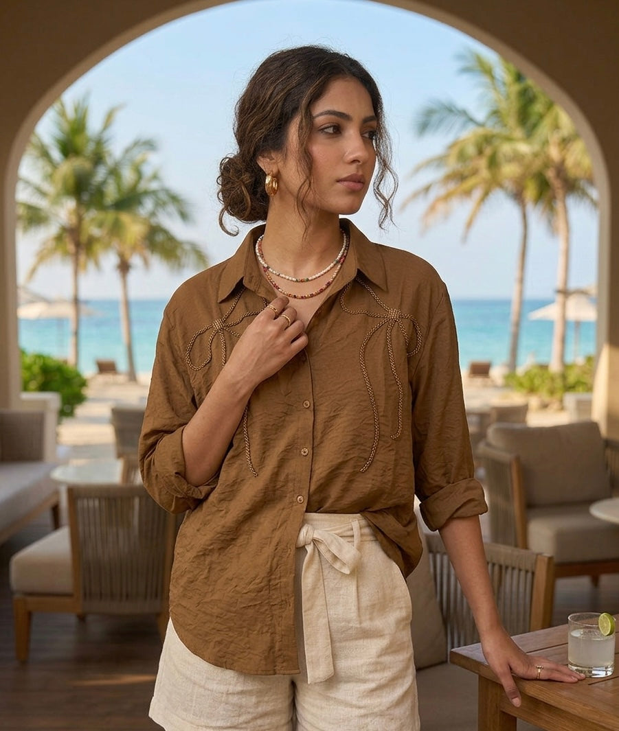 BROWN SHIRT WITH BEADED BOW BESU INDIA