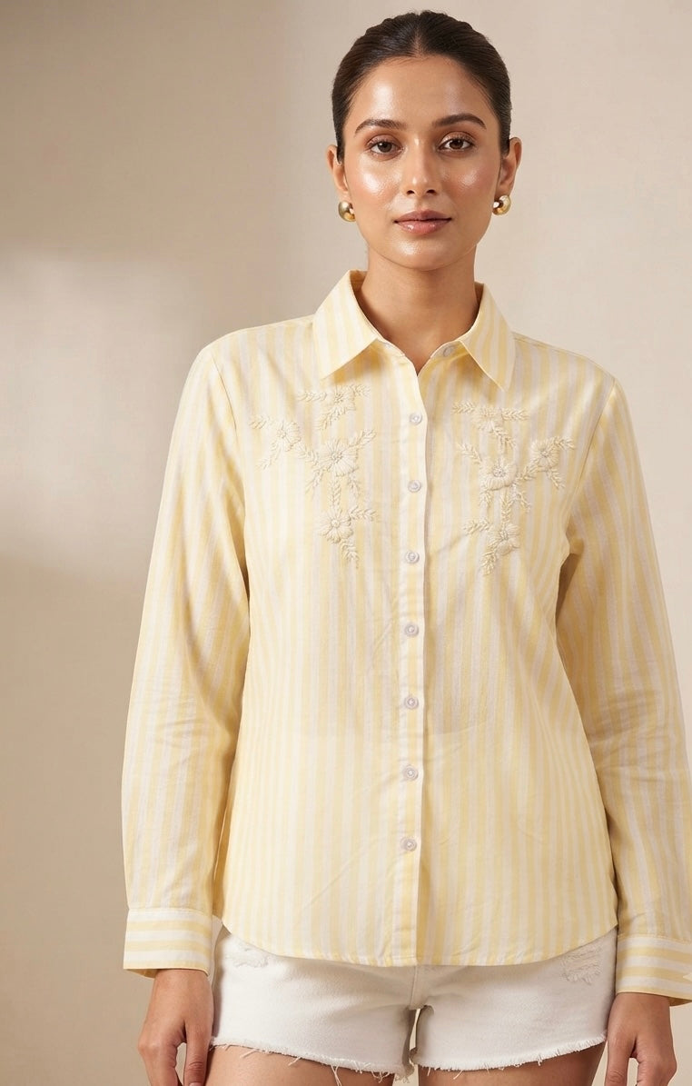 YELLOW STRIPED SHIRT WITH FLORAL EMBROIDERY BESU INDIA