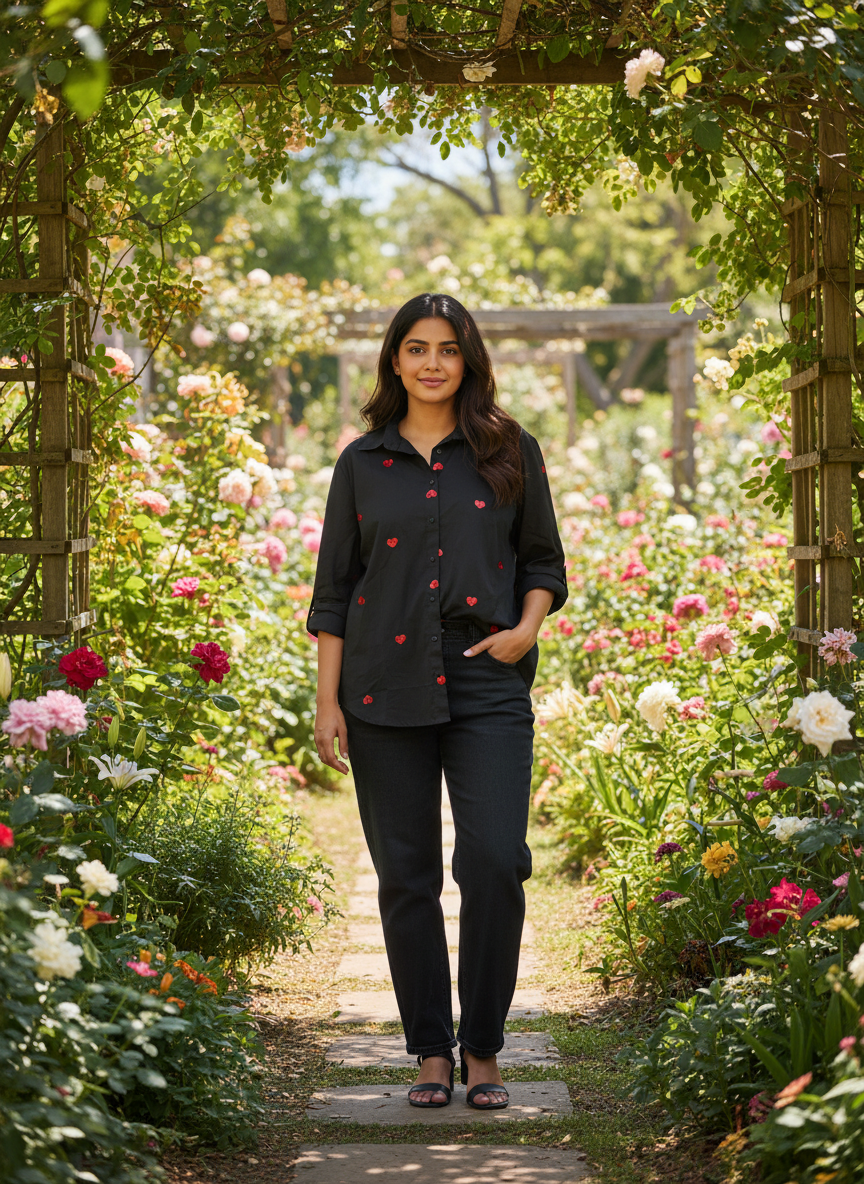 BLACK COTTON SHIRT WITH SEQUINS HEART EMBROIDERY BESU INDIA