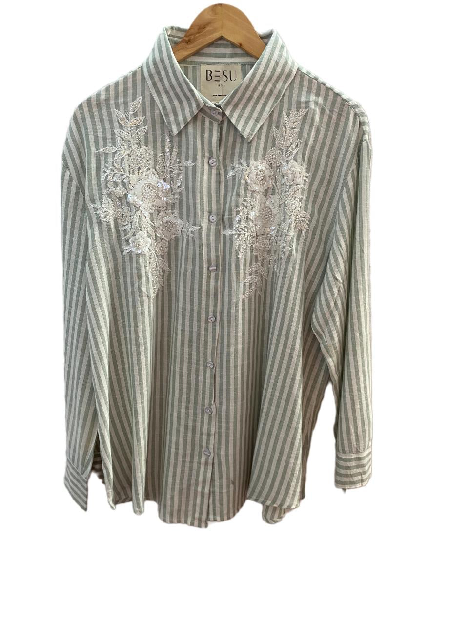 LIGHT SAGE GREEN AND WHITE STRIPED COTTON SHIRT BESU INDIA
