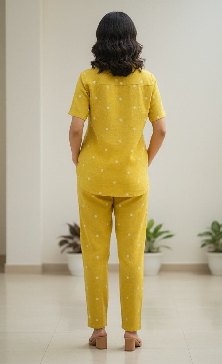 WHITE POLKA DOTTED YELLOW COTTON CO-ORD BESU INDIA