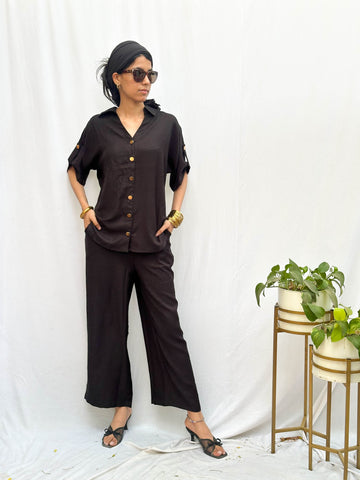 Black Cotton Co-Ord with Signature Gold Buttons BESU INDIA