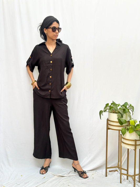 Black Cotton Co-Ord with Signature Gold Buttons BESU INDIA