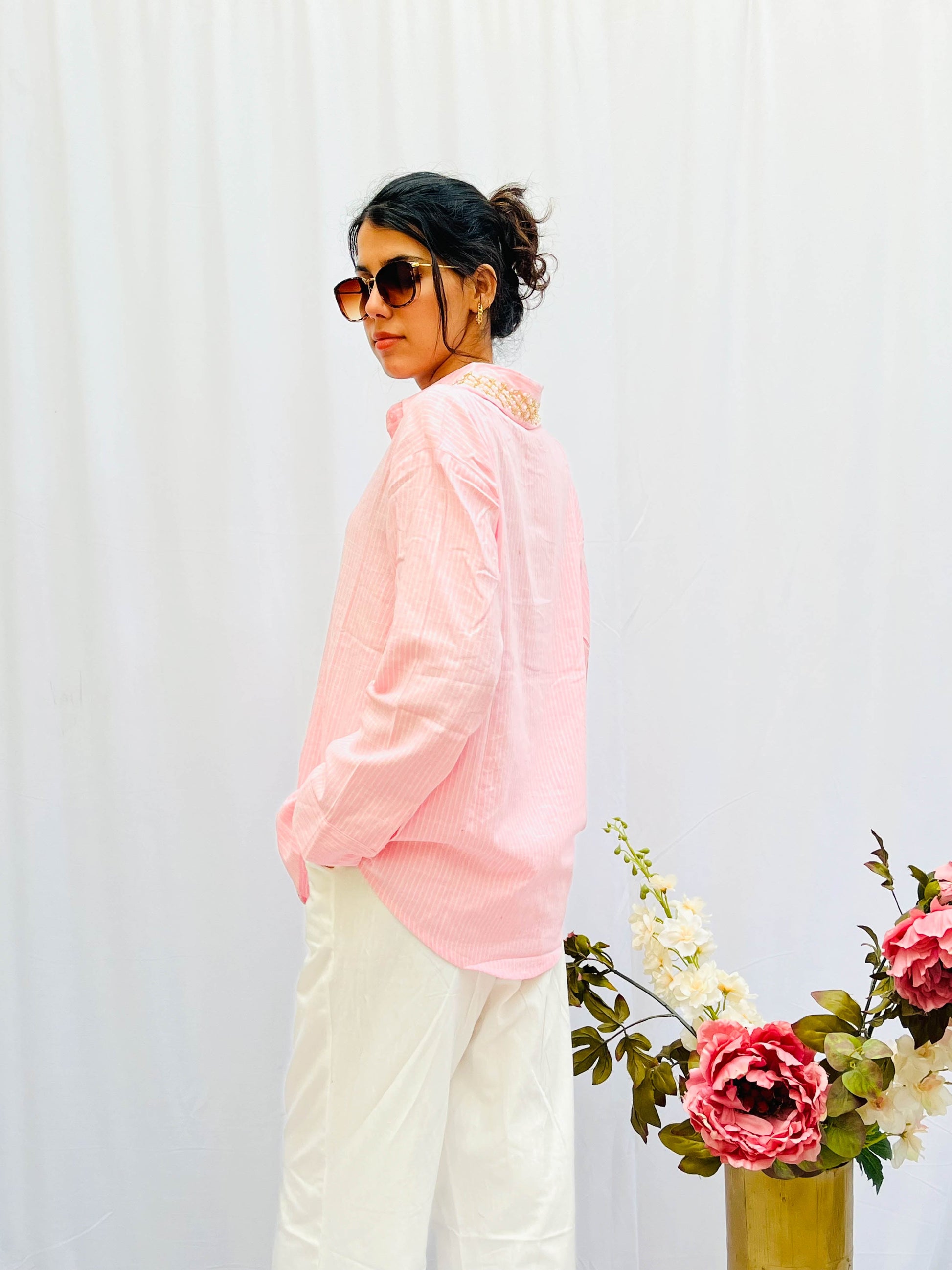 LIGHT PINK STRIPED SHIRT WITH EMBROIDERED COLLAR BESU INDIA