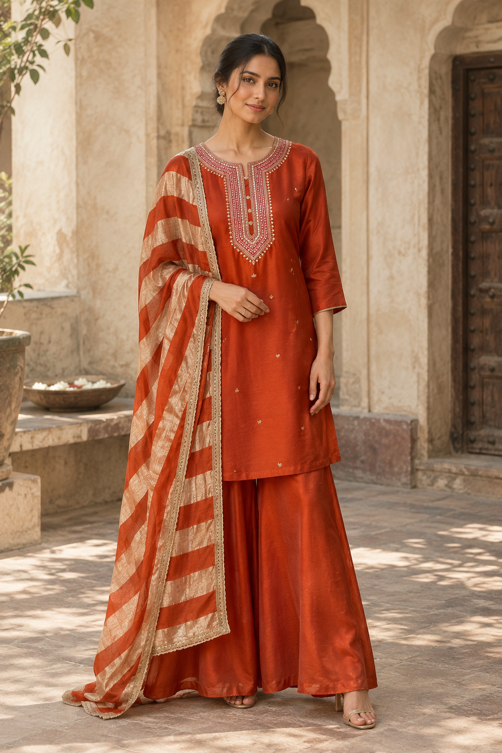 BURNT ORANGE SLIK-BLEND KURTA SET BESU INDIA