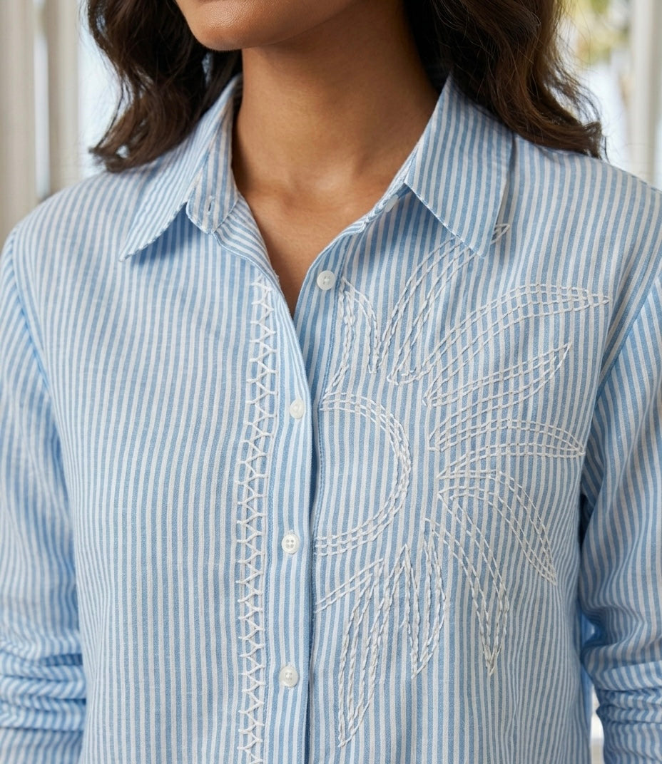BLUE AND WHITE STRIPED SHIRT WITH THREAD EMBROIDERY BESU INDIA