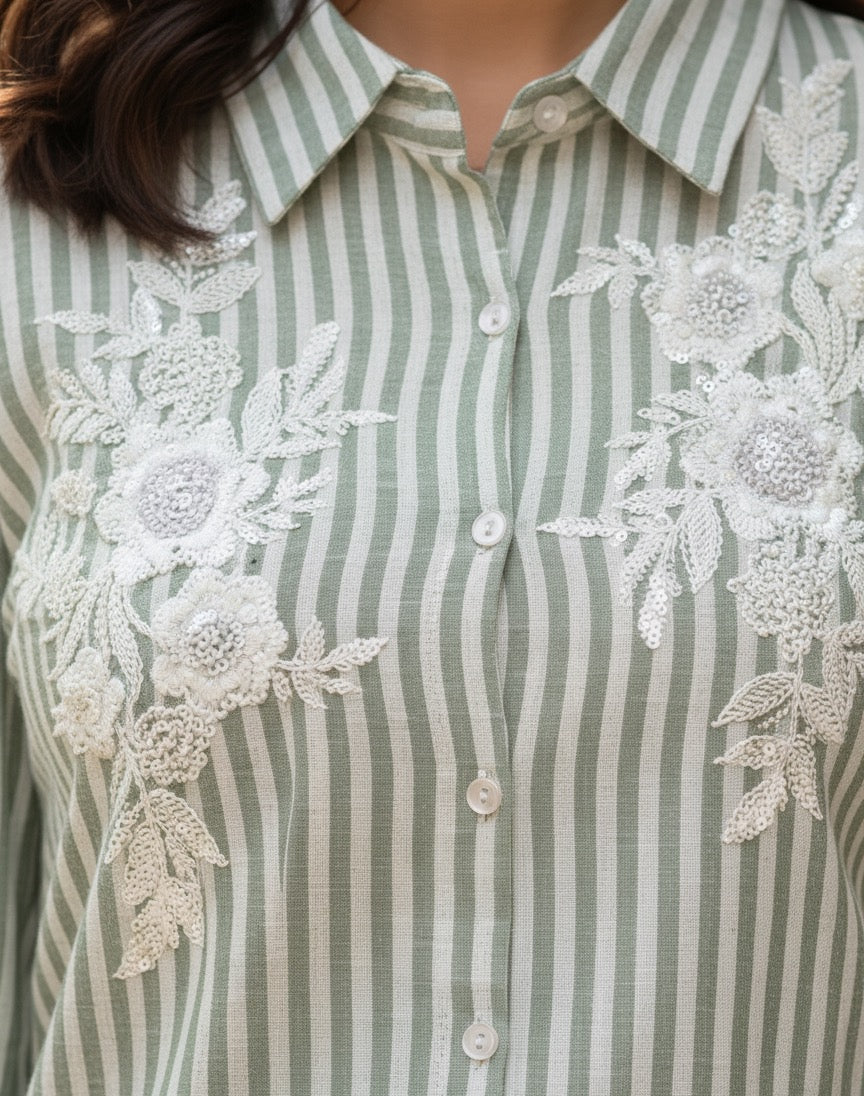 LIGHT SAGE GREEN AND WHITE STRIPED COTTON SHIRT BESU INDIA