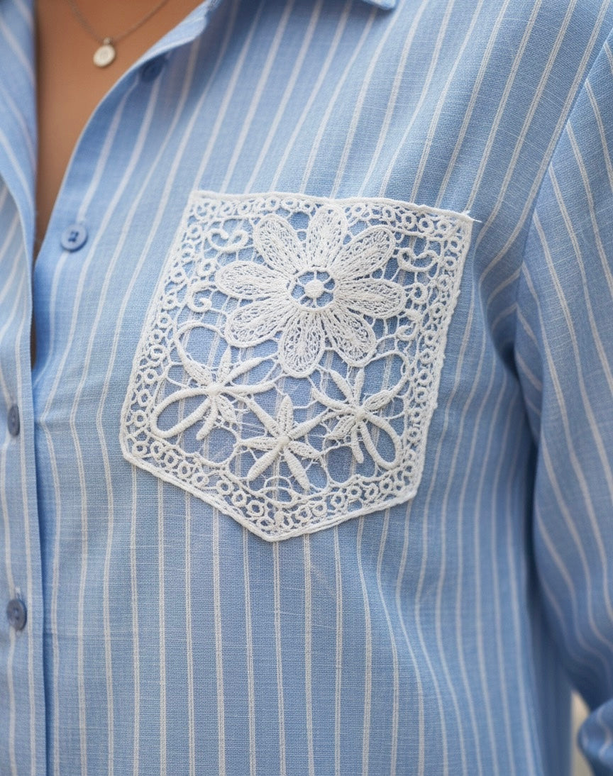 LIGHT BLUE AND WHITE STRIPED LACE POCKET SHIRT BESU INDIA