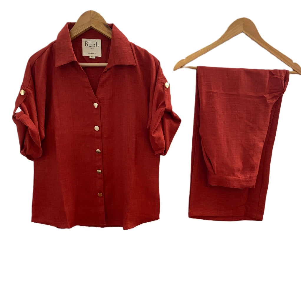 DEEP BURNT ORANGE CO-ORD SET WITH GOLD BUTTONS BESU INDIA