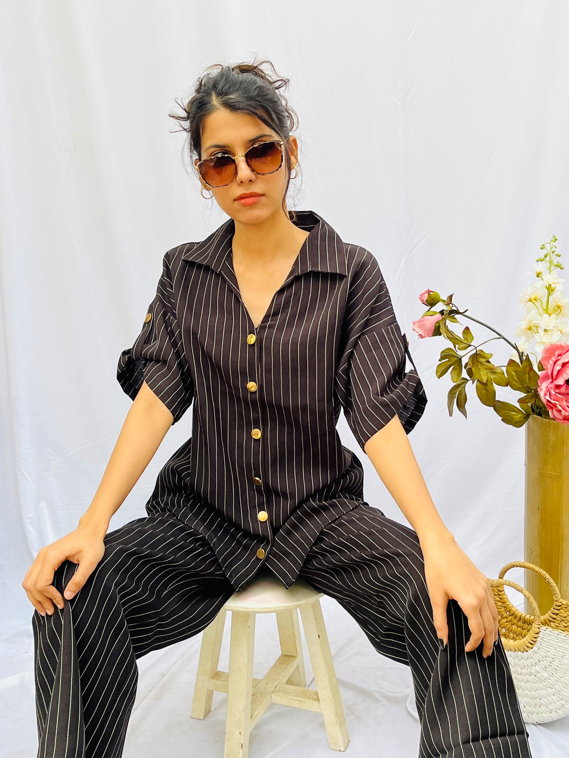 WHITE STRIPES ON BLACK LINEN CO-ORDS BESU INDIA