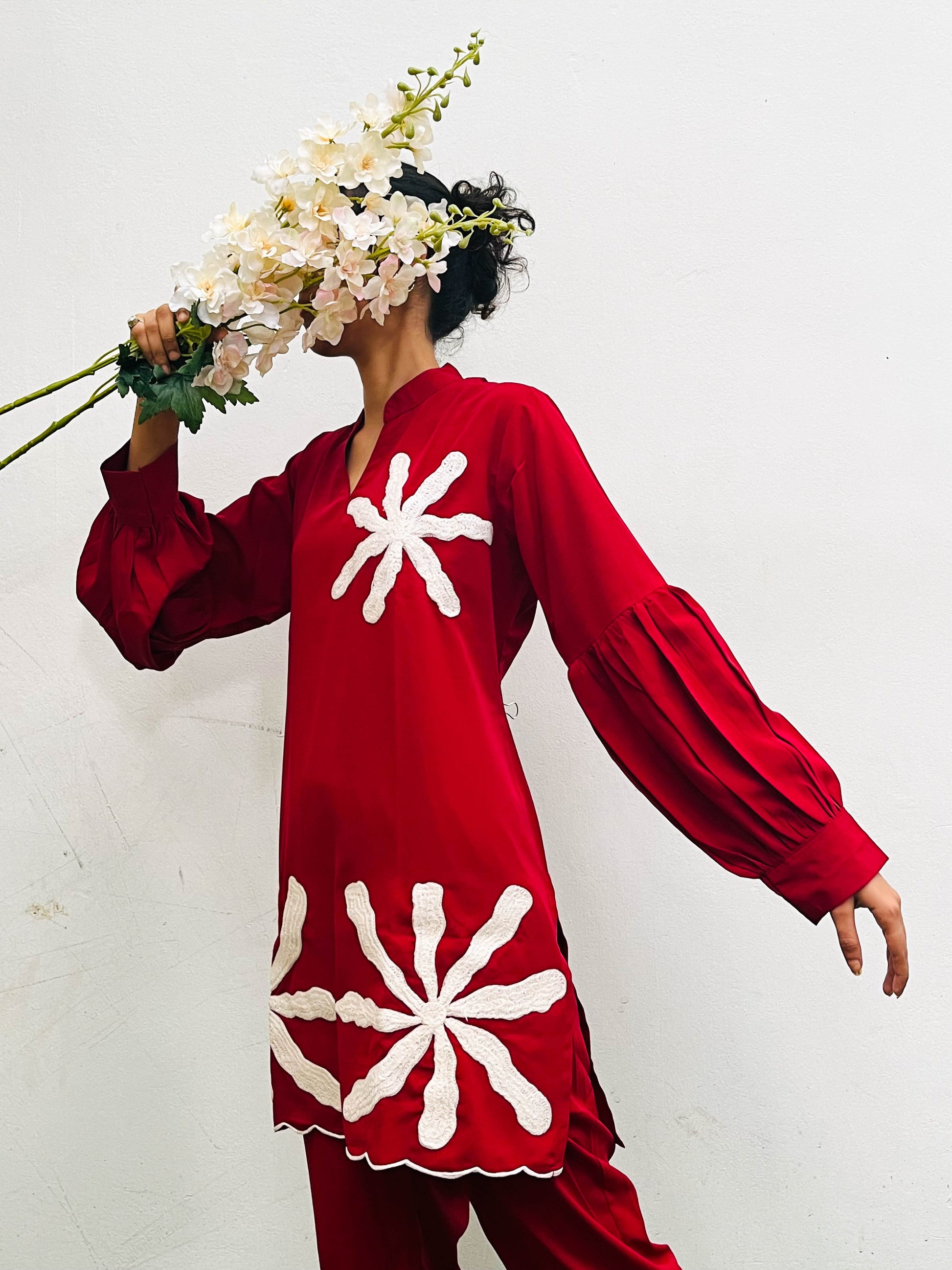 DARK RED MOTIF EMBROIDERED CREPE CO-ORD SET BESU INDIA