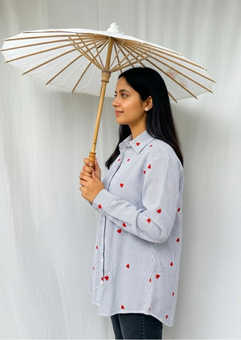 BLUE STRIPED COTTON SHIRT WITH HEART PRINTS BESU INDIA