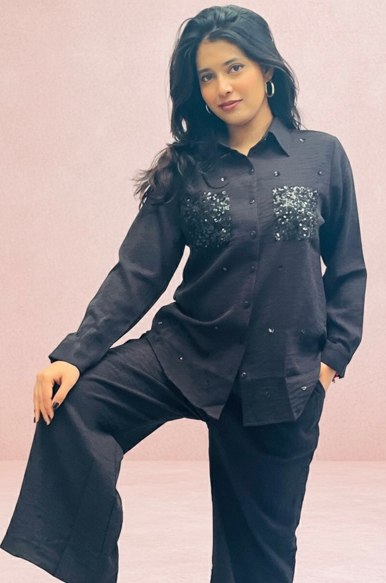 BLACK LINEN CO-ORDS WITH SEQUINS POCKETS BESU INDIA