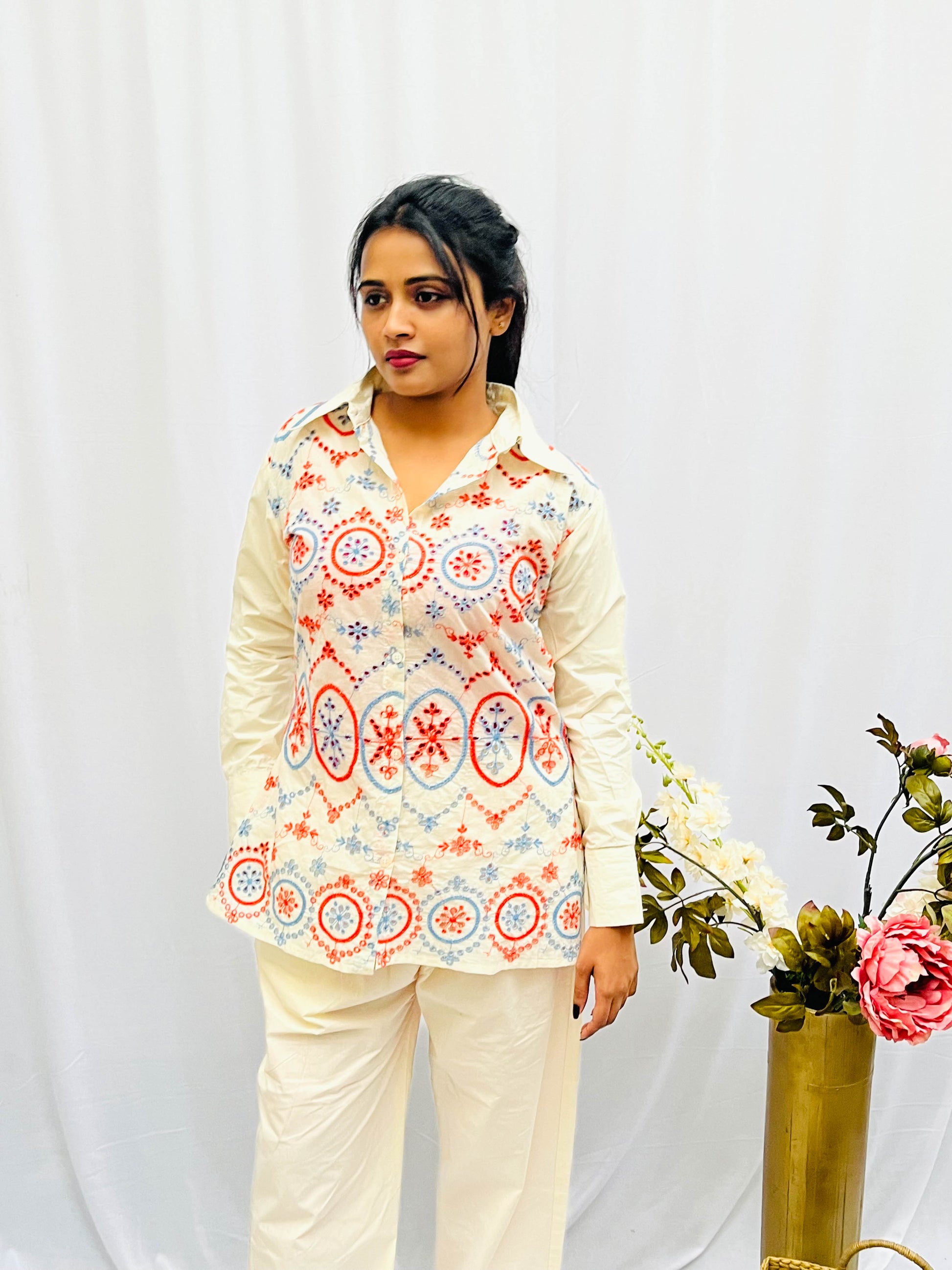 CREAM IS EMBROIDERED HAKOBA CO-ORDS BESU INDIA