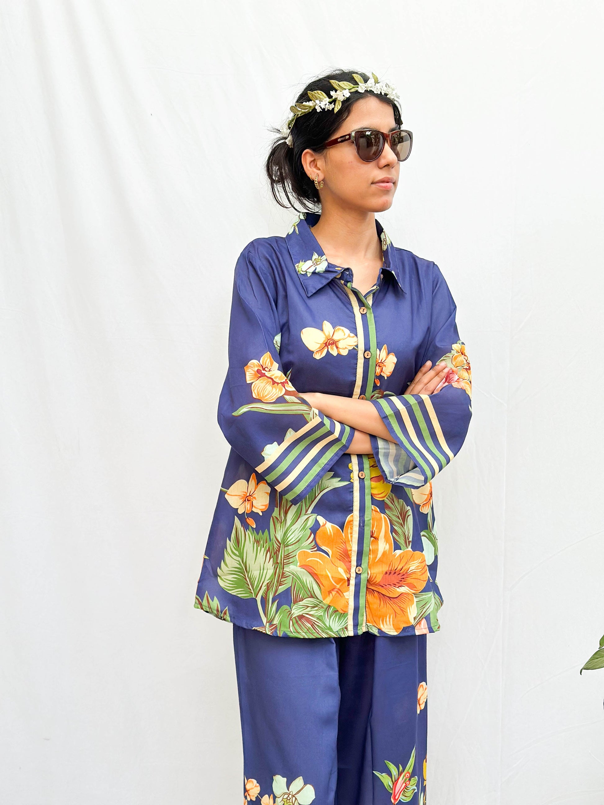 DEEP BLUE TROPICAL FLORAL PRINTED COTTON CO-ORD SET BESU INDIA