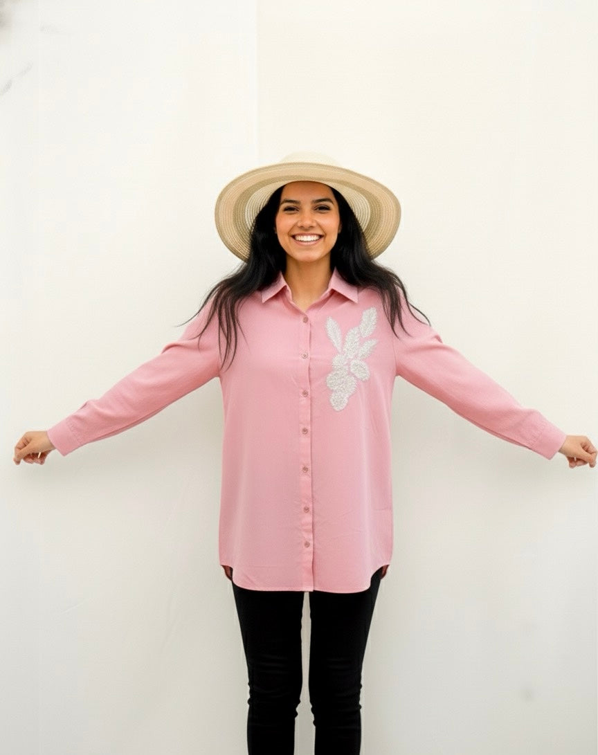 LIGHT PINK COTTON SHIRT WITH SEQUINS EMBROIDERY BESU INDIA