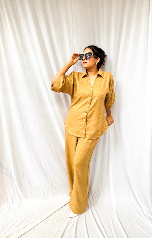 BROWN SOFT COTTON CO-ORDS WITH GOLD BUTTONS BESU INDIA