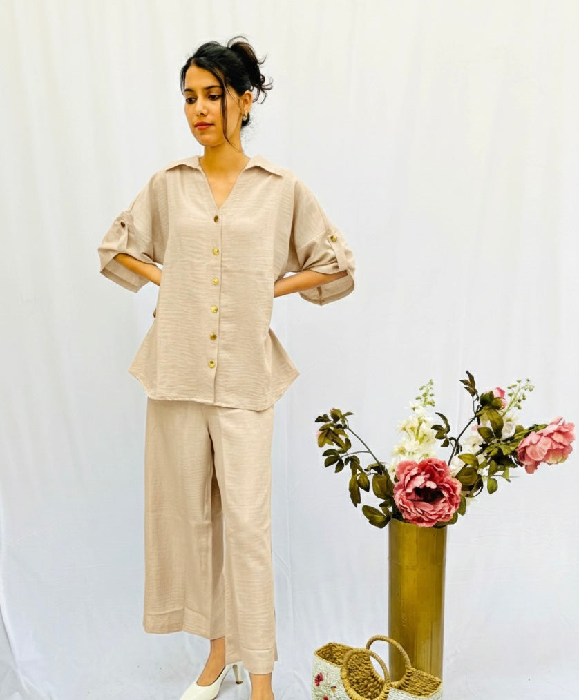 BEIGE CO-ORD SET WITH ELEGANT GOLD BUTTONS BESU INDIA