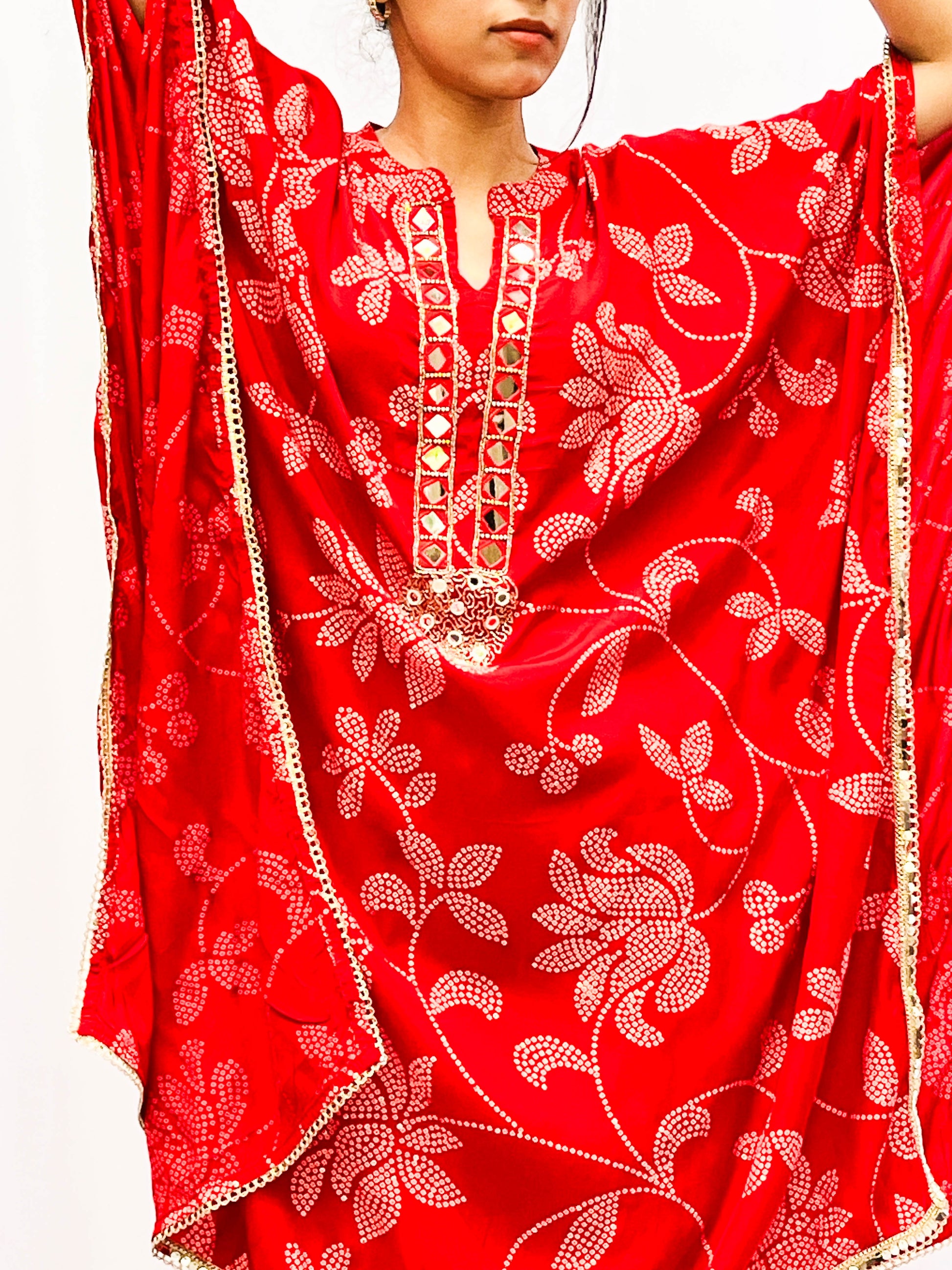 RED FLORAL PRINTED KAFTAN WITH TULIP PANTS BESU INDIA
