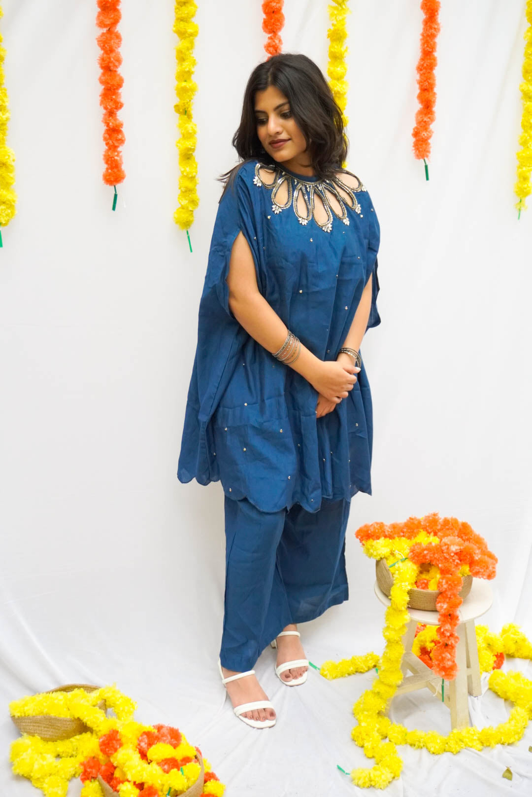 SULPHATE BLUE EMBROIDERED CAPE SET BESU INDIA